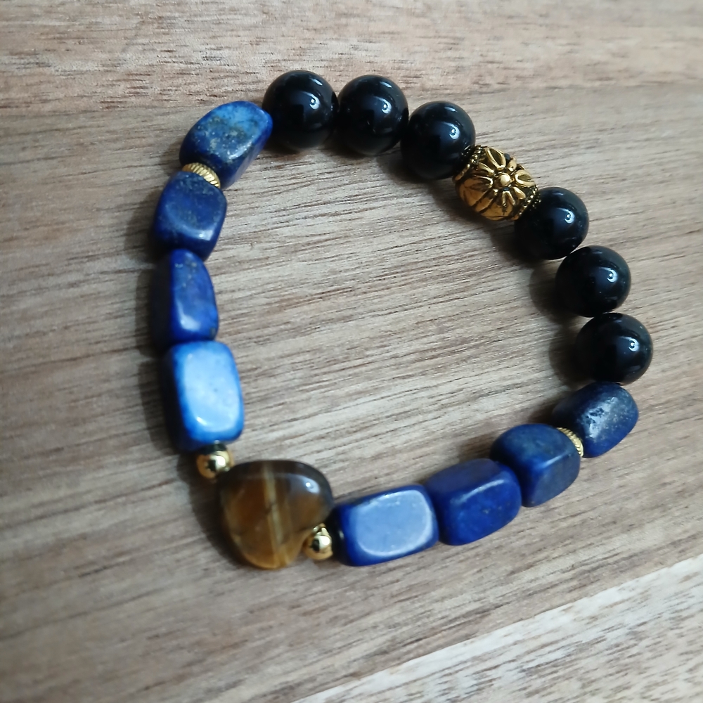 Blue and Black Beaded Bracelet with Gold Accent
